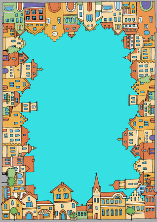 The old town with a variety of houses. Can be used as frame. Sketch, hand drawnillustrationsのイラスト素材