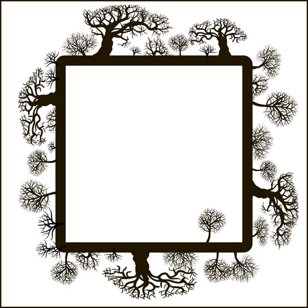 Decorative frame with floral elements. Silhouette of a forest with thick and thin treesのイラスト素材