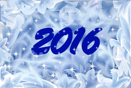 Greeting card, the view through the frozen window with sparkle star. Happy New year background with...