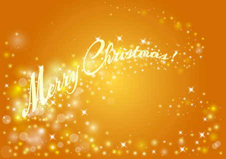 Merry Christmas celebrations flyer, banner, poster or invitation with shiny text. Merry Christmas message with lights, shining stars, sparkling inscription on goldのイラスト素材
