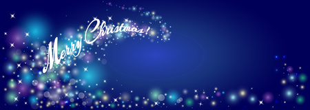 Merry Christmas celebrations flyer, banner, poster or invitation with shiny text. Merry Christmas message with lights, shining stars, sparkling inscription on dark blueのイラスト素材