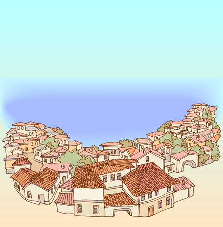 Top View of a small old town by the sea.Street eastern old city.Sketch, hand drawn with ink.Panorama of picturesque small town with tiled roofsのイラスト素材