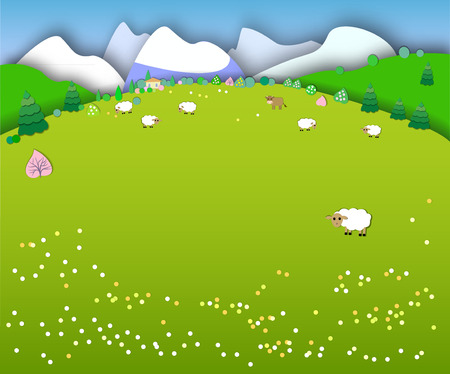 Spring is coming.The beginning of spring.Concept change of seasons.Globe concept showing a peaceful and idyllic lifestyle.Paper cut style.Flat Landscape Illustration with smooth shadowsのイラスト素材