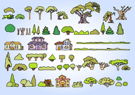Landscape elements vector set.Hand drawn isolated sketchy trees, flowers, bushes and houses.Colors doodle set of cartoon houses and trees.Tree and house illustration, countryside,spring,summerのイラスト素材