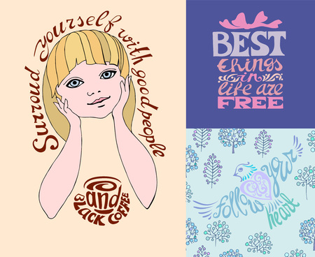 Surround yourself with good people and black coffee.Best things in life are free.Follow your heart!Set of Hand drawn inscription quotations.Calligraphy motivation concept.Girl drinks coffeeのイラスト素材