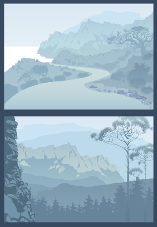 View of blue mountains with forest.Asphalt road is meandering between sea and mountains.Mountain landscape. Silhouette of mountains and coniferous trees.Turning mountain highwayのイラスト素材