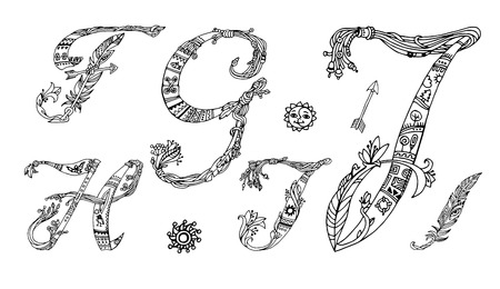 Vector Hand Drawn sketch Fonts.The original English language alphabet.Set of ABCD uppercase letters isolated on white background.Handmade ethnic alphabetic set .Boho style.Black and white line drawingのイラスト素材