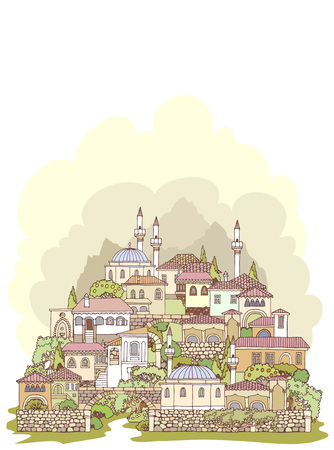 Middle East traditional facades. Hand drawn sketchy old oriental city. A small town on a hill, houses and trees.The mosque with minarets.High  Mountainsのイラスト素材