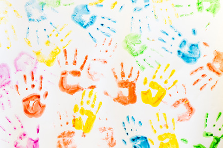 Children's art prints of hands on paper.のeditorial素材