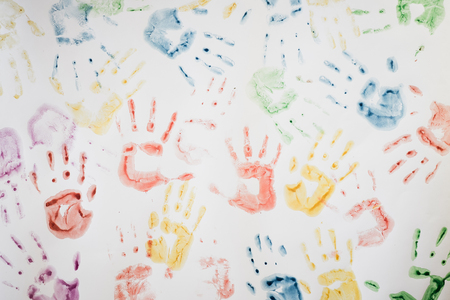 Children's art prints of hands on paper.のeditorial素材