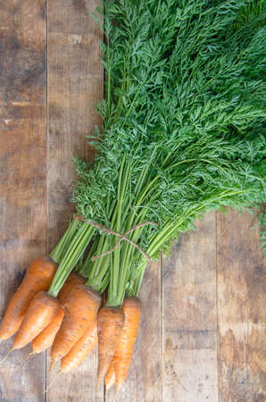 Fresh carrots, from the garden, with a green tail, on a wooden table, in the style of rustic. New, autumn harvest of vegetables. Orange ingredient for soup and salad. Top view.の写真素材