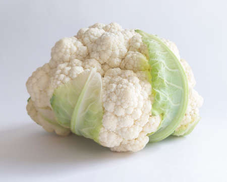 Fresh harvest of cabbage. Cauliflower on a gray background. Vegetables are useful and dietary products. Ingredient for a dish or salad. Large frame, side view.の写真素材
