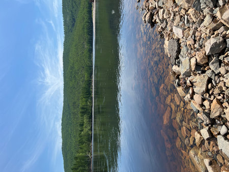 Reflection of the sky and clouds on the surface of the riverの写真素材