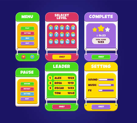 Set of game assets menu buttons back ground screen popup screens and settings buttons green mobile red blue yellow mobile ui webのイラスト素材