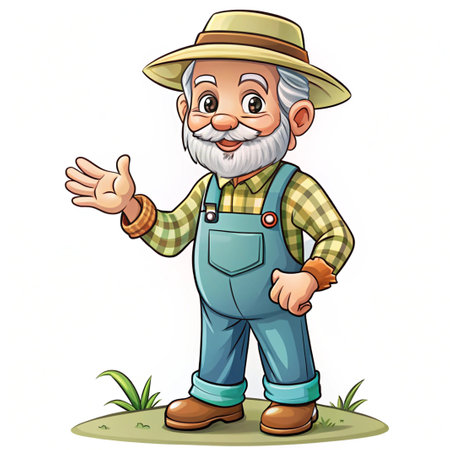 Vector illustration of Cartoon happy old farmer standing in the field and waving handの素材