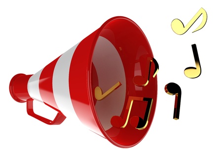 Red megaphone with music notes isolated 3d illustrationの写真素材