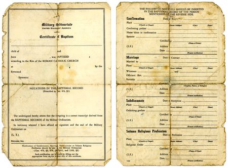 Grungy old Catholic military baptismal certificate, front and back views.の写真素材