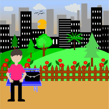 Vector illustration of a man sitting on a chair in a park with a city silhouette background in the eveningのイラスト素材