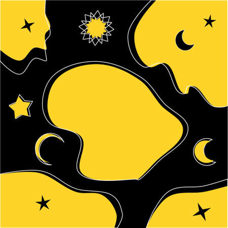 vector illustration of black and yellow abstract liquid background with moon and star motifのイラスト素材