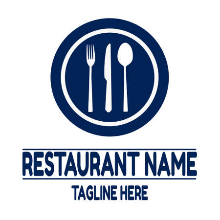 Blue restaurant logo vector, with plate, spoon, fork and knife illustrationのイラスト素材