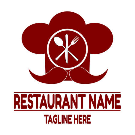 Vector Logo restaurant with red color isolated on white background. Consists of illustrations of plates, spoons, forks, knives and chef's hatsのイラスト素材