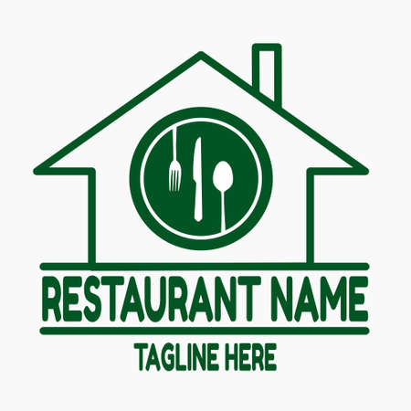Eco restaurant logo vector. Green illustration of plate, spoon, fork, knife inside the houseのイラスト素材