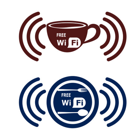 Vector illustration of coffee cup, plate, spoon, fork with wifi signal. Suitable for restaurant logos, cafes with free wifi facilitiesのイラスト素材
