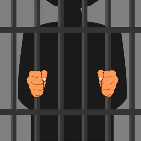 Illustration of hands holding prison bars.  Prisoner silhouette vectorのイラスト素材