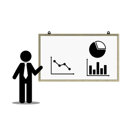 Illustration of a man in a tie explaining a chart on a whiteboard. Suitable for illustration business presentations, education, etc.のイラスト素材