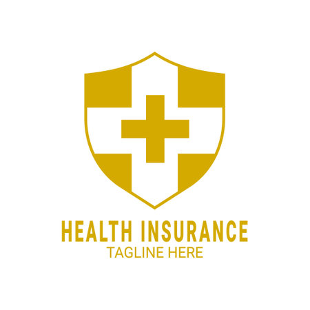 Vector illustration of a shield in gold color with a cross icon in the middle in a flat design style. Suitable for health insurance logos, clinic, hospital, medical devices, etc.のイラスト素材