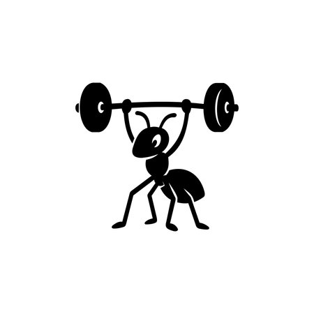 A bold black silhouette illustration of a strong ant lifting a heavy barbell in a playful, minimalist, and inspiring graphic design styleのイラスト素材