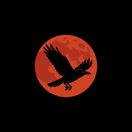 Silhouette of a flying raven bird against an orange full moon background in minimalist styleのイラスト素材