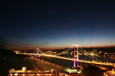 Wide angle of Tsing ma bridge in night sceneの写真素材