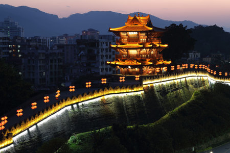 The night view of the wall of Zhaoqing song city wallのeditorial素材