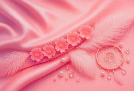 Pink background with feathers, beads and dreamcatcher. 3d renderingの素材