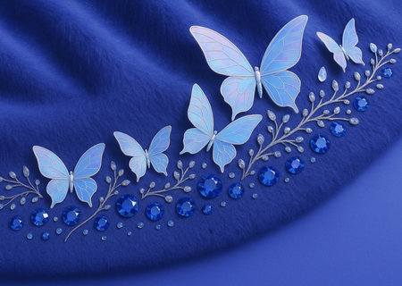 Blue butterfly on a blue background with blue flowers. 3d illustrationの素材
