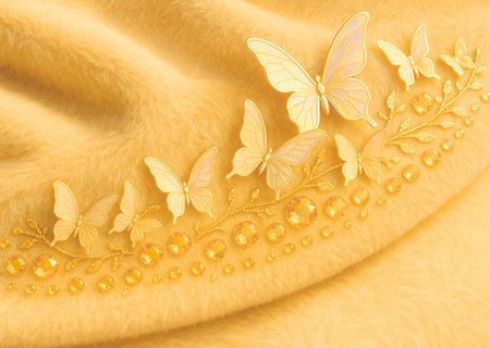 golden fabric with butterflies and pearls on white background, closeupの素材