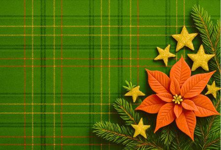 Christmas background with poinsettia and stars on green tartan clothの素材