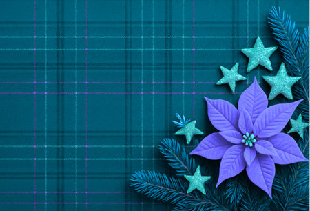 Christmas background with poinsettia and star on a plaidの素材