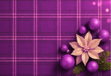 Christmas background with poinsettia and baubles on violet plaidの素材