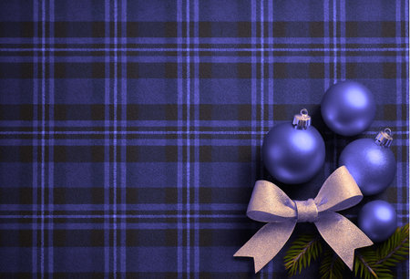 Christmas background with blue balls and bow on plaid tartan.の素材