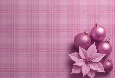 Christmas background with pink baubles and poinsettia.の素材