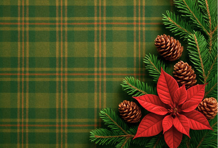 Christmas background with poinsettia and fir branches on plaidの素材