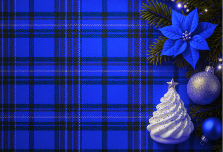 Christmas background with poinsettia and baubles on plaidの素材