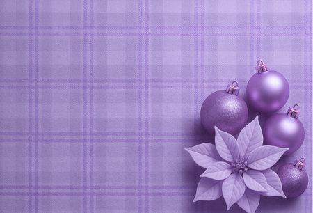 Christmas background with purple balls, poinsettia and copy spaceの素材
