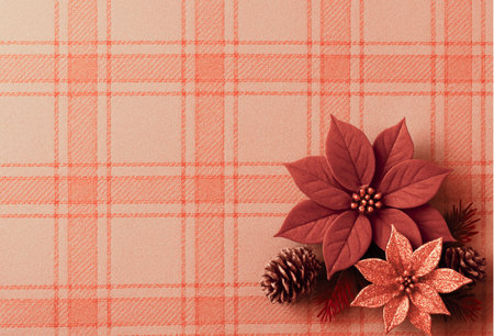Christmas background with poinsettia, pine cones and plaidの素材