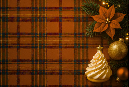 Christmas background with fir treerations and poinsettia.の素材