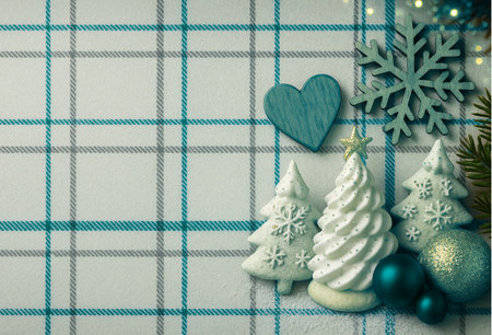 Christmas decoration with fir tree and snowflakes on a checkered backgroundの素材