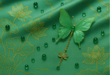 green satin background with butterfly and pearls, closeup of photoの素材