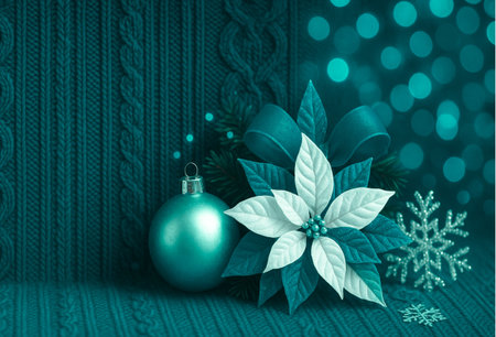 Christmas decoration with poinsettia and snowflakes on knitted backgroundの素材